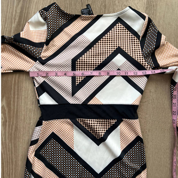 Fire Los Angeles Small Black/Tan/White Abstract A-Line Midi Long Sleeve Dress - Picture 9 of 10